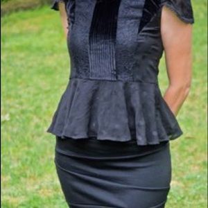 Multi-fabric top and mini fitted skirt.